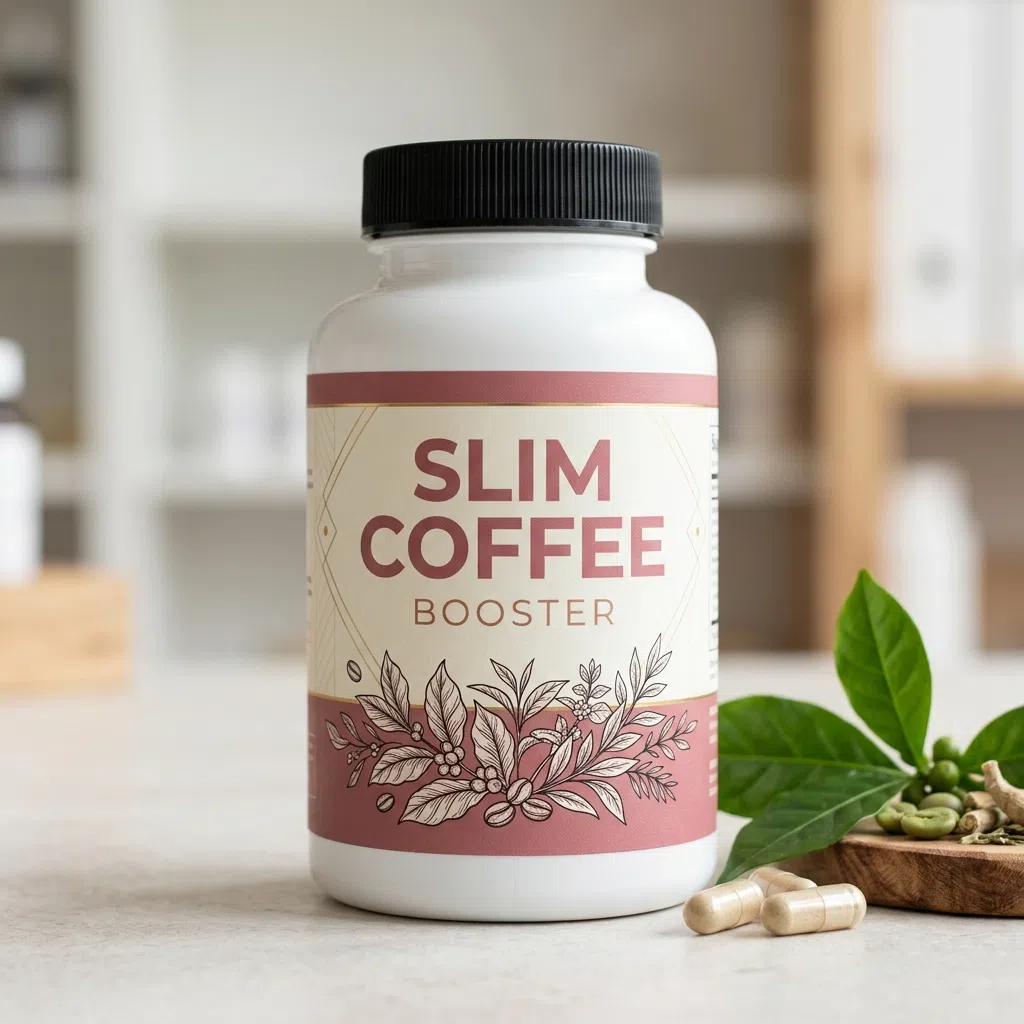Verpackung von Slim Coffee Booster, dunkle Faltschachtel mit pink-violettem Etikett